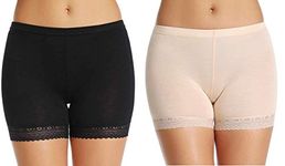 GLAMORAS Women's Cotton Lace High Coverage Stretch Mid Waist Boy Shorts - Free Size | Bike Cycling Slip Yoga Shorts Under Dresses Undershorts for Women & Girls Pack of 2 Black/Beige