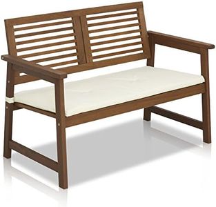 Furinno Tioman Hardwood Outdoor Bench in Teak Oil with White Cushion