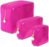 Clear Cosmetic Bags Set of 3, Mini Small Large Makeup Bags For Women Clear Pouch Cosmetics Cases Zipper Cute Pouches Make Up Travel Toiletry Essentials Preppy Purse Organizer Makeup Cases, Fuchsia