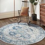 TOPICK Round Rug 120cm Machine Washable Area Rug Indoor Vintage Rug Floor Cover Print Distressed Blue Multi Carpet Thin Circle Non Slip Rug Kitchen Living Room Bedroom Dining Room Hall