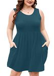 AusLook Plus Size Summer Dress for Women Lake Blue 3X Casual Sleeveless Crewneck Pleated Party Midi Dresses with Pockets