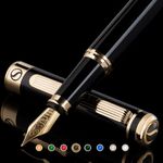 Scriveiner Black Lacquer Fountain Pen Stunning Pen with 24K Gold Finish, Schmidt 18K Gilded Nib (Extra Fine), Best Pen Gift Set for Men & Women, Professional, Executive, Office, Nice Pens