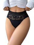 FULLJOYLOVE Lace Floral Panties For Women Plus Size Sexy Sheer Hipster Stretchy Panties For Ladies V Shaped High Waist Thong Knickers Black UK