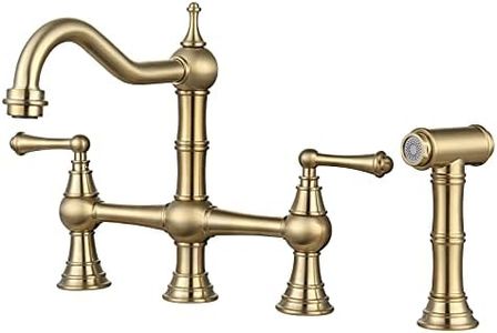 WOWOW Brass Kitchen Faucet Bridge with Side Sprayer, 4 Hole Kitchen Faucet 2 Handle 8 Inch Centerset Gold Faucet for Kitchen Sinks, Heritage Brushed Gold Kitchen Sink Faucet