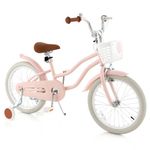 COSTWAY Kids Bike, 18 Inch Toddler Children Bike w/Kickstand, Training Wheels, Hand & Coaster Brakes, Adjustable Saddle & Handlebar, Basket, Bell, Kids Bicycle for Girls Boys Aged 3-8 Years Old, Pink