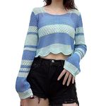 ICW Women's Korean Style Knitted Sheer Crochet Long Sleeve Hollow Out Colour Block Print Crop Top T-Shirt (One Size 32-36 Inch Bust) 29 (Blue)