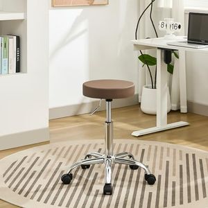FIRAVOE Adjustable Office Stool with Wheels 19.5’’-26.6’’, Brown Thick Cushion Backless Rolling Chair (Coffee Brown)