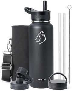 BUZIO 1180ml Water Bottle, Stainless Steel Insulated Water Flask with Straw Lids, Canteen Metal Thermo Mug Hydro Cup Jug, Double Vacuum Hot Cold Water Bottles with Carrying Pouch, Black