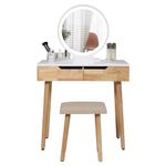ARTETHYS Dressing Table Set with LED Lights Mirror, Vanity Makeup Table Set with Adjustable Brightness Mirror, 2 Drawers, Cushioned Stool and Free Make-up Organizer, Round