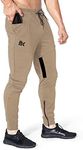 BROKIG Men Stripe Gym Joggers Pants, Causal Slim fit Tapered Workout Training Sweatpants with Zipper Pocket (Medium, Beige)