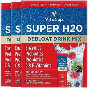 VitaCup Super H2O Bloating Relief and Digestive Health Drink Mix Packets, Probiotics, Prebiotics, C & B Vitamins, Mixed Berry Flavor Water Enhancer Packets, 48 Ct