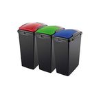 Addis Recycling 40 Litre Set of 3 Waste Utility Plastic Bins Interlocking Clips, Lift, Red & Green, Black Colour Coded Lids Blue, Red, Green, 3 x 40