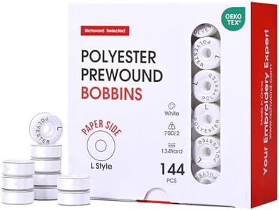 Richword Prewound Bobbins, White Cardboard Sided 144pcs Size L(SA155), 70D/2(60WT) Polyester Bobbin Thread for Commercial Multi Needles Embroidery Machine, 120 Yards