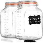 [UPGRADE] 2 Pack Square Super Wide Mouth Airtight Large Glass Jars with Lids, 1.1 Gallon Glass Jars with 2 Measurement Marks, Large Mason Jars with Leak-proof Lid for Kitchen(Extra Label and Gasket)