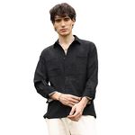 Campus Sutra Men's Onyx Black Foliage-Tactile Shacket For Casual Wear | Spread Collar | Long Sleeve | Button Closure | Overshirt/Shacket Crafted With Comfort Fit For Everyday Wear