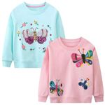 Winzik Girls Sweatshirt, Butterfly Sweater Shirt Toddler Kids Girl Pullover Fall Long Sleeve 2 Pack Clothes 2-7T (3-4T, 2Pcs Light Green/Pink Butterfly)