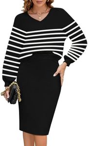 Pink Queen Women's 2 Piece Sweater Skirt Set Knit Pufft Long Sleeve Top Bodycon Midi Dress Outfits Black Striped XL