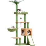 Heybly Cat Tree, 65.4 inches Cat Tower for Indoor Cats, Cat Condo with Perches, Basket, Leaf, Feeding Bowl, Multi-Level Plush Modern Cat Furniture with Scratching Posts, Green and Yellow HCT015GY