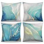 Betylifoy Marble Texture Turquoise Decorative Throw Pillow Covers 18 x 18 Inch Set of 4 Gold Silver Fluid Art Cushion Covers Soft Flannel Square Pillow Covers for Sofa Couch Bed Car (Green Marble)