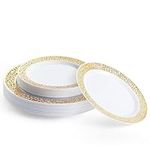 MATANA 80 Premium White Plastic Plates with Gold Lace Rim - 40 26cm Dinner Plates, 40 19cm Side Plates - Elegant & Reusable Dinnerware for Weddings, Birthdays, Catering, Parties