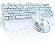 Typewriter Mechanical Gaming Keyboard and Mouse Combo, Retro Punk Round Keycap Blue LED Backlit USB Wired Computer Keyboard for Game and Office, for Windows Laptop PC, Red Switches(White)