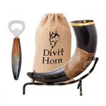 Divit Viking Drinking Horn with Iron Stand | Authentic Medieval Beer Drinking Horn | Brass Adornments & Burlap Gift Sack Included | 16 oz Capacity (Jarl Horn & Jarl Opener)
