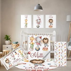 Terwex Custom Baby Crib Bedding Set, 5 Pcs Personalized Name Baby Crib Set with Double Layer Blanket, Soft Circus Animals Nursery Bedding Set for Girls Boys, Customized Gifts for Infants Toddlers