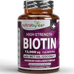 Biotin Hair Growth Supplement 12000mcg enriched with Coconut Oil (MCT), 180 Vegan Capsules, 6 Months Supply, Hair Growth Supplement Capsules for Men & Women, Healthy Skin, Hair, Nails - Made in UK