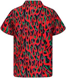 King Kameha Funky Hawaiian Shirt Men's Short Sleeve Front Pocket Flame Shirt Rock n Roll Hot Flames Biker Prints, Flames Allover Red, XL
