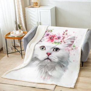 Cute Cat Plush Blanket White Pet Cat Fleece Throw Blanket Colorful Flowers Cartoon Cat Sherpa Blanket for Sofa Couch Bed 3D Animal Theme Cat Lovers Fuzzy Blanket Room Decor King 87x95 Inch