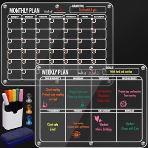 Magnetic Acrylic Calendars for Fridge - 40x30cm Dry Erase Monthly Weekly Calendar for Refrigerator, Clear Planner Set with 2 Planning Boards Fridge Magnets Markers by HEMIZAN