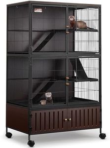 HABUTWAY 60''H Metal Large Ferret Cage, Rolling Chinchilla Cage with Removable Ramps& Double Door, with Locker, Small Animal Cage, Rat Indoor Wooden Pet Crate Furniture