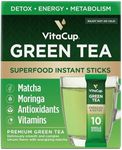 VitaCup Green Tea Instant Packets, Enhance Energy & Detox with Matcha, Moringa, B Vitamins, D3, Fiber, Keto, Paleo, Vegan in Tea Powder Single Serving Sticks, 10 Ct