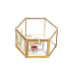 Feyarl Gold Glass Jewellery Box Small Clear Trinket Box Hexagon Ring Box Earrings Rings Jewelry Organizer Ornate Decorative Box for Valentine Wedding Birthday Mothers Gift