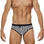 FEOYA Men's Swimming Briefs with Pouch Sexy Low Rise Swim Briefs Summer Striped Bikini Bottoms Printed Swimming Costume Drawstring Print Swimwear Micro Swimming Trunks Beach Padded Underwear C-08 M