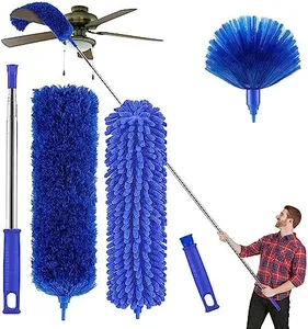 Microfibre Duster for high Ceilings, Duster for Cleaning Fan Cobweb, 100" Telescopic Extension Pole kit, Reusable Duster, Washable Lightweight Duster for Ceiling Fan webs, Blinds