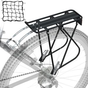 Bike Cargo Rack w/Bungee Cargo Net & Reflective Logo Universal Adjustable Bicycle Rear Luggage Touring Carrier Racks 55lbs Capacity Quick Release Mountain Road Bike Pannier Rack for 26"-29" Frames