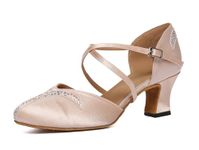 MINITOO Women's Latin Salsa Ankle Strap Closed Toe Satin Dance Shoes L617 Nude 6cm Heel UK 5.5