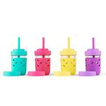 Elk and Friends Kids & Toddler Cups | The Original Glass Mason Jars 8 oz with Silicone Sleeves & Silicone Straws with Stoppers | Smoothie Cups | Spill Proof Sippy Cups for Toddlers (Purple/Pink/Teal/Yellow (4 Pack Sleeve))