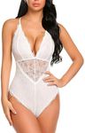 ZPLxi Women Lingerie Sexy Lace Bodysuit V Neck Backless Cross Strap Adjustable Lace Teddy Snap Crotch One Piece Babydoll Sleepwear Mesh Chemise White