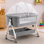 CAREIT Premium 6-in-1 Baby Bedside Cot, Crib, Cradle Portable All-Mesh Bassinet with Multi-Purpose Tray,Wheels, Storage Basket, and 6 Height Adjustments, for Newborns- Grey