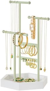 SONGMICS Jewelry Holder, Jewelry Organizer, 3 Tiers and 1 Tray, Jewelry Display Stand with Metal Frame, Necklace Earring Bracelet Holder, for Rings, Laurel Green and Cloud White UJJS003C01