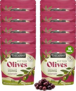 Tuscanini Italian Kalamata Pitted Snack Olives, 1 oz (10 Pack) | Olive Pouches for Snacking | No Oil | Gluten Free, Vegan | Pitted Olives | Great Travel or Office Snacks | Kosher (including Passover)