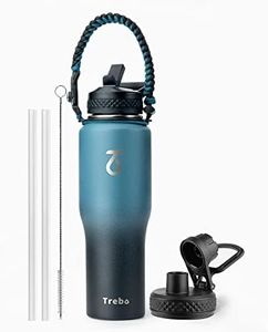 Trebo 32oz Insulated Water Bottle That Fits in Cup Holder, Stainless Steel Double Wall Tumbler Flask Bottles with Paracord Handle, with Straw Spout Lids, Keep Cold for 48 Hrs/Hot 24 Hrs,Indigo/Black