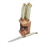 Jean Dubost Laguiole 6-Piece Steak Knife Set, Ivory Handles - 1.2 mm Blades - Rust-Resistant Stainless Steel - Includes Wooden Block - Made in France