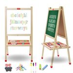 Happysio 2 in 1 Wooden Double Sided Easel Board for Kids| Includes Dry Erase White Board and Green Chalk Board with Duster Chalk and Marker| Writing Board with Foldable Easel Stand