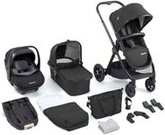 Babymore Memore V2 Travel System 13 Piece Black - 3-in-1 Pram Travel System, Foldable, Reclining Baby Pushchair, Premium Pecan i-Size Car Seat with ISOFIX Base & Essentials, 0-4 Years | Up to 22 Kg