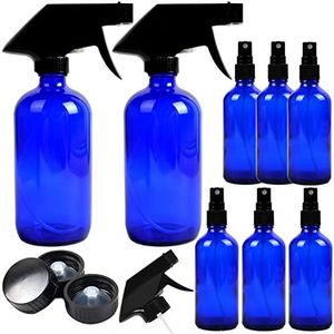 Youngever 8 Pack Empty Cobalt Blue Glass Spray Bottles, 2 Pack 250ML and 6 Pack 120ML Refillable Containers for Essential Oils, Cleaning Products, Aromatherapy, Durable Black Trigger Sprayer Fine Mist and Stream
