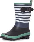 Laura Ashley Ladies High Cut Mid Calf Buckle Rubber Rain Boots, Lightweight Waterproof Booties for Women, Pink, Black and Blue Gray Stripes, 1" Heels, Lt. Green, 8 US