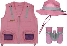 M/L Combination Set: 1 Pink Cargo Vest for Kids with Reflective Safety Straps - 1 Floppy Bucket Hat with Chin Strap - 1 8x21 Power Binoculars with Soft Rubber Eye Piece, Waterproof & Shcok-Resistant